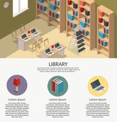 Isometric Colorful Library Vector set Illustration interior background