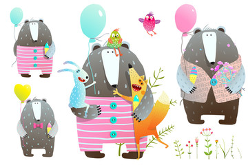 Fototapeta premium Collection of bear and fox and rabbit with balloons and flowers . Vector illustration.