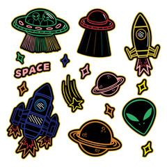 Set stickers or patches on space topic 