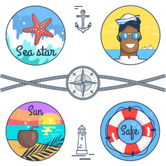 Sea Star, Sun and Safe Set Vector Illustration