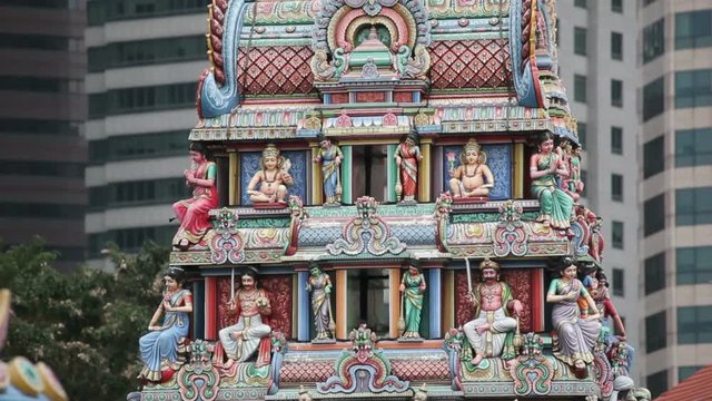 Close up of the Gopuram of the Sri Mariamman Temple in Singapore. A Dravidian style temple in Singapore's Chinatown, Singapore, South East Asia