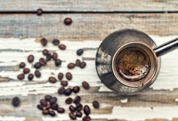 Coffee. Turkish Cezve, breakfast, wooden, arabic, Selective focus, grain, windowsill, Closeup, top view, copy space