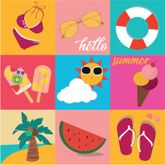 vintage bright pastel colour summer icon set