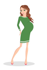 Fototapeta premium Cute Pregnancy Woman in Beautiful Green Dress