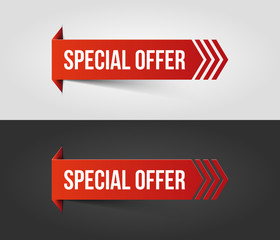 Red special offer banner with shadow on white and dark background. Vector illustration.