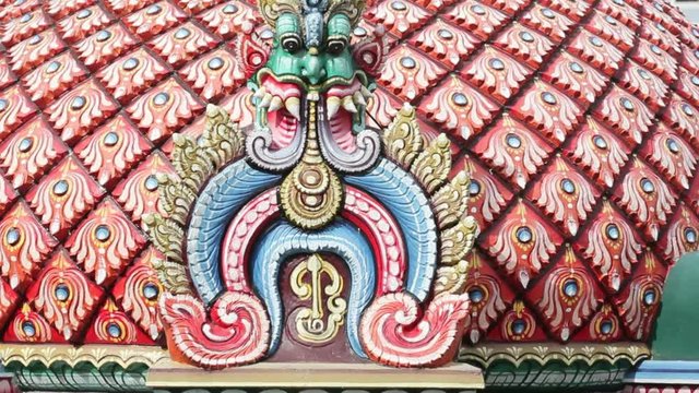 Close up of the Gopuram of the Sri Mariamman Temple in Singapore. A Dravidian style temple in Singapore's Chinatown, Singapore, South East Asia