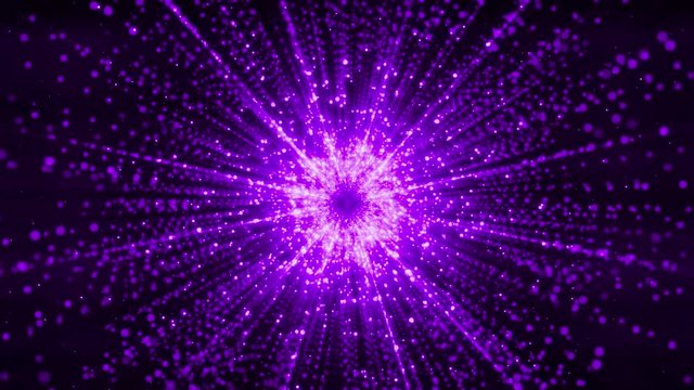 Abstract particles gathering in the center of virtual space. A bright light tunnel of particles. Looped