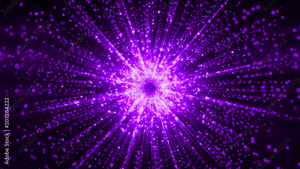 Poster 3d rendering of particles gathering in the center of virtual space. a bright explosion of a star mad