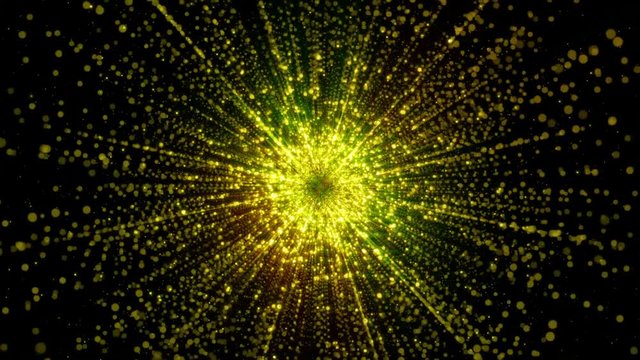 Abstract particles gathering in the center of virtual space. A bright light tunnel of particles. Looped