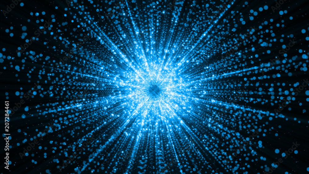 Poster 3d rendering of particles gathering in the center of virtual space. a bright explosion of a star mad