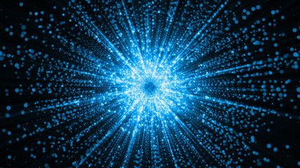 3D rendering of particles gathering in the center of virtual space. A bright explosion of a star made of particles