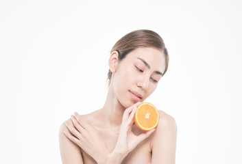  young woman holding juicy oranges . Healthy eating concept. Diet. Isolated over white.