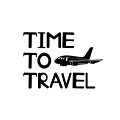 Time to travel text and black plane icon.
