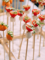 Fish, vegetable canapes on festival wedding table outdoor. Catering service