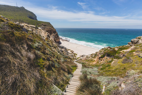 Walkway down to Diaz Beach at Cape Point with a perfect blue sky