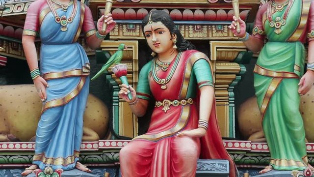 Close up of the Gopuram of the Sri Mariamman Temple in Singapore. A Dravidian style temple in Singapore's Chinatown, Singapore, South East Asia
