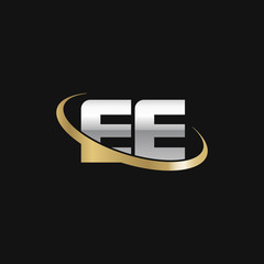 Initial letter EE, overlapping swoosh ring logo, silver gold color on black background