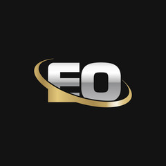 Initial letter EO, overlapping swoosh ring logo, silver gold color on black background