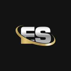 Initial letter ES, overlapping swoosh ring logo, silver gold color on black background
