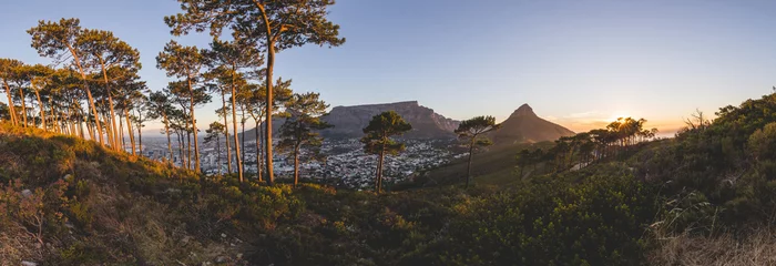 Selbstklebende Fototapeten Panorama of Table Mountain in Cape Town at sunset © bradleyvdw