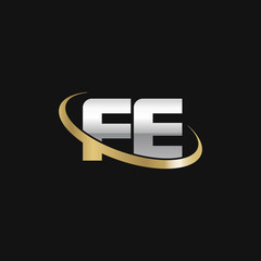 Initial letter FE, overlapping swoosh ring logo, silver gold color on black background