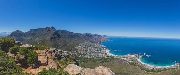 Fototapeta premium Panorama of Table Mountain and 12 Apostles in Cape Town with blue sky