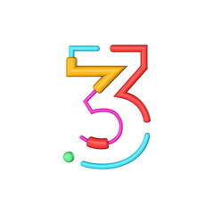 Number 3 abstract modern color line font alphabet. 3D Rendering