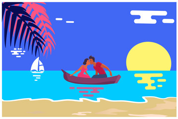 Summer Love Banner with Kissing Couple in Boat
