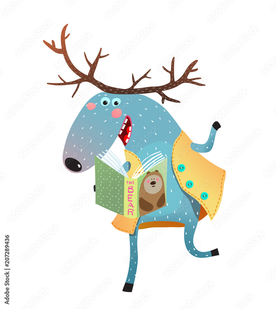 Wall mural funny elk or moose with a book studying. vector illustration.