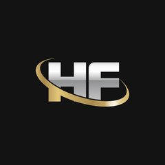 Initial letter HF, overlapping swoosh ring logo, silver gold color on black background