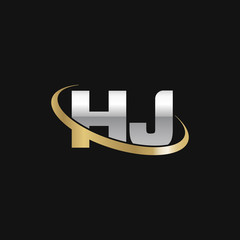 Initial letter HJ, overlapping swoosh ring logo, silver gold color on black background