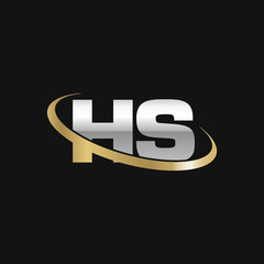 Initial letter HS, overlapping swoosh ring logo, silver gold color on black background