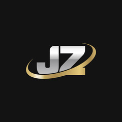 Initial letter JZ, overlapping swoosh ring logo, silver gold color on black background