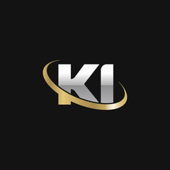 Initial letter KI, overlapping swoosh ring logo, silver gold color on black background