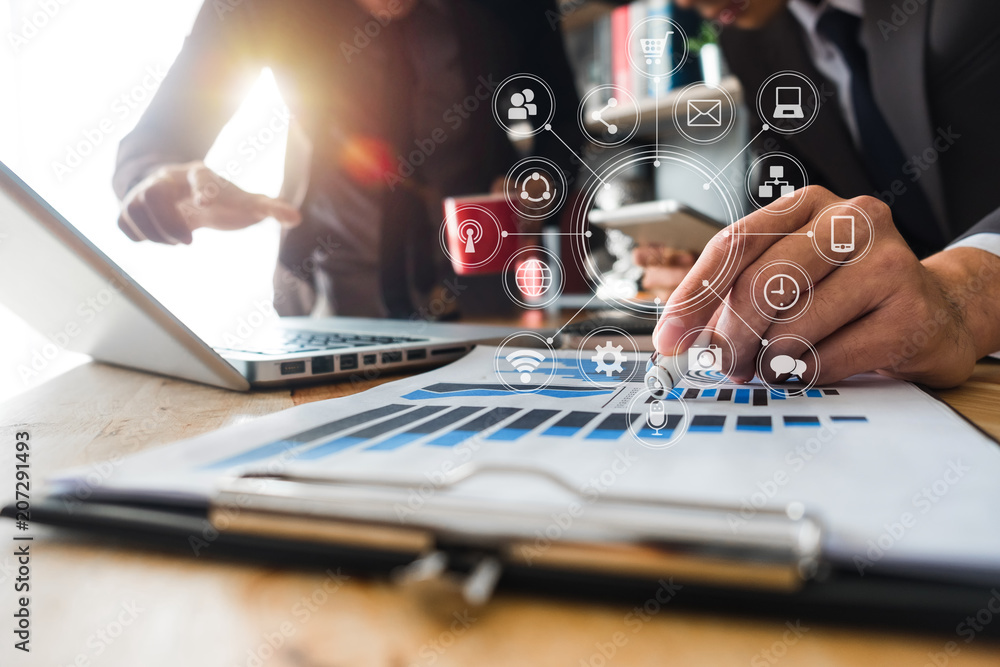 Poster working team meeting concept,businessman using smart phone and laptop and digital tablet computer in