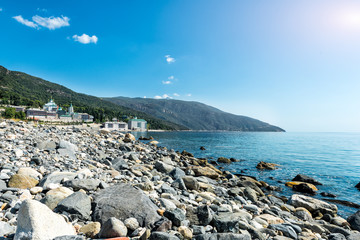 Beautiful view of the monastery of St. Panteleimon. Mount Athos