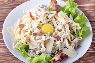 Traditional italian dish spaghetti carbonara with bacon in a cream sauce on white plate.