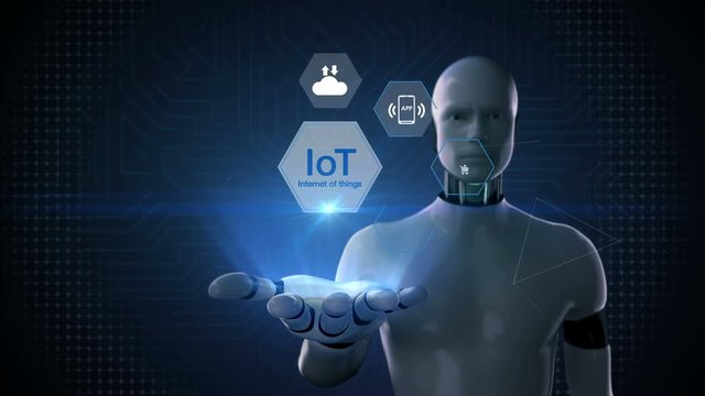 Robot, cyborg opens palm, IoT hexagon icon, Home security, cctv, smart city, mobile app, car, internet of thing. 4K movie.