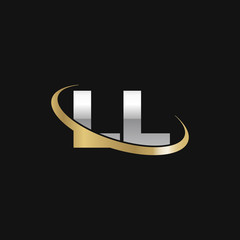 Initial letter LL, overlapping swoosh ring logo, silver gold color on black background