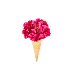 Peony flower ice cream waffle cone Floral flat lay Minimal concept