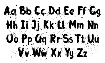 Hand written calligraphy alphabet, black ink brush lettering, abc latin alphabet, grunge font style with ink splashes. Vector