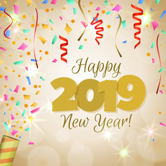 Happy New Year 2019 greeting banner. Festive background with colorful confetti, party popper and sparkles. Vector