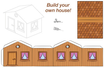 House template - sweet pink comic cottage - cut out, fold and glue it. Isolated vector illustration on white background.