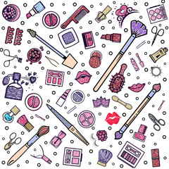 Makeup seamless pattern. Illustrations of different cosmetics. Lipstick and pomade, brushes for make up glamour. Vector background