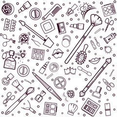 Makeup seamless pattern. Illustrations of different cosmetics. Lipstick and pomade, brushes for make up glamour. Vector background