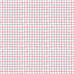 Line draw gingham red, blue, white seamless repeating pattern. Tartan plaid vector pattern background.