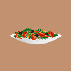 illustration of fresh greek salad with lettuce, tomatoes and olives