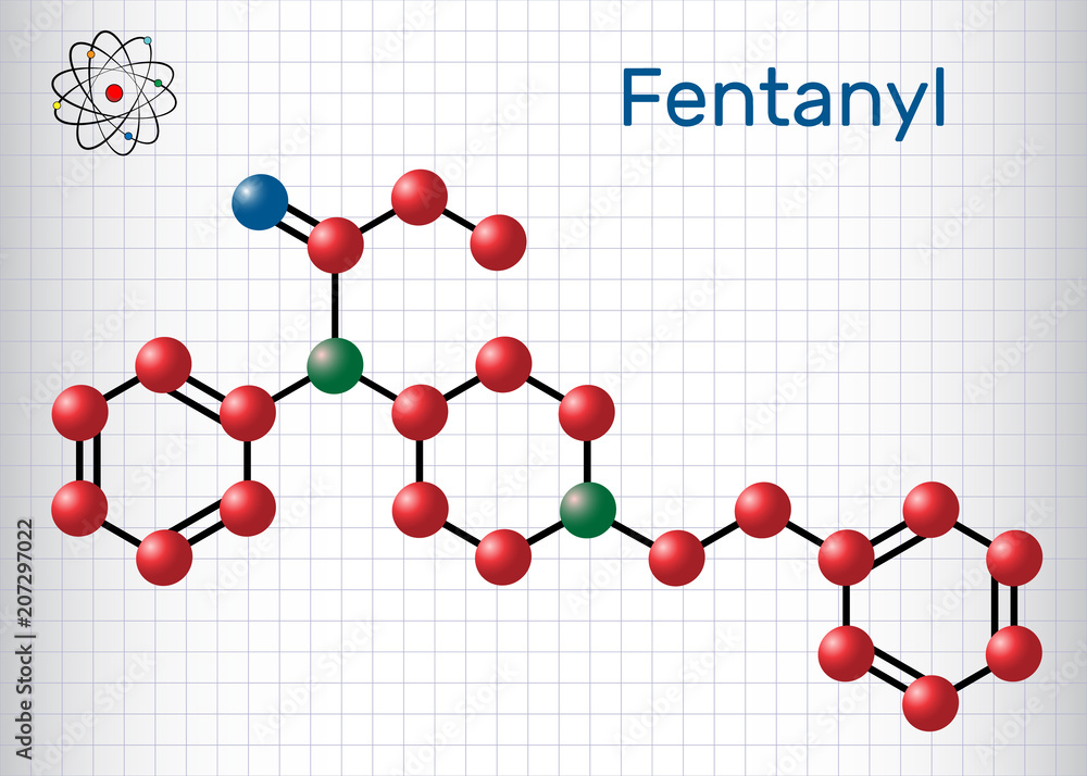 Poster Fentanyl molecule. It is opioid analgesic. Structural chemical formula and molecule model. Sheet of paper in a cage