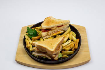 Chicken sandwich in toast bread, with French fries as a bowl, on a white background, restaurant, served