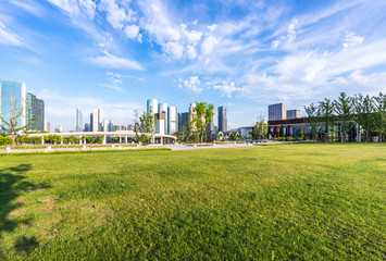 Fototapeta na wymiar green lawn in park with city skyline